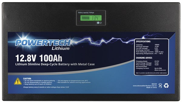 POWERTECH 12.8V 100Ah Lithium Slimline Deep Cycle Battery with Metal Case