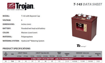 Trojan T-145 Deep Cycle battery 6v 260Ah